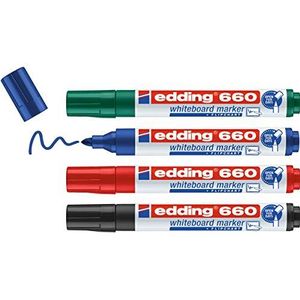 edding 660 whiteboardmarker set - zwart, rood, blauw, groen - 4 whiteboardstiften - ronde punt 1,5 - 3 mm - boardmarker uitwisbaar - voor whiteboard, flipchart, prikbord, memobord - navulbaar