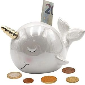 Dekohelden24 Keramische spaarpot als walvis pareleffect, wit, eenhoorn spar walsspaarpot saving box, L/B/H: ca. 17 x 13 x 11 cm, 17 cm