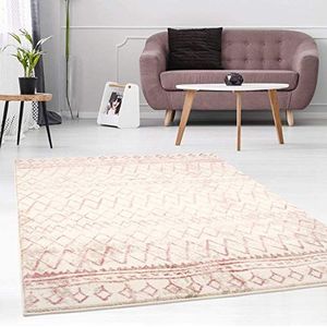 Carpet City Tapijtloper Modern Zick Zack patroon strepen gemêleerd in pastel roze crème woonkamer grootte: 80x300 cm, 80 cm x 300 cm