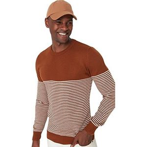 Trendyol Heren ronde hals gestreepte slanke trui sweatshirt, camel, L, Kameel, L