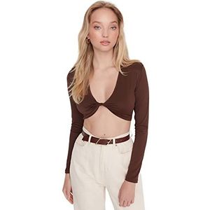 Trendyol Dames vrouw uitgerust standaard ronde hals gebreide blouse shirt, bruin, S, BRON, S