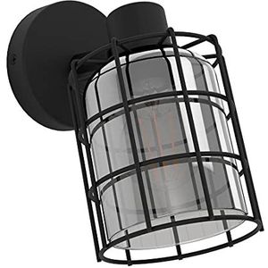 EGLO Wandlamp Consaca, 1-lichts industrieel wandspot voor woonkamer, lamp wand binnen van zwart metaal en gerookt glas, zwart-transparant, spot met E27 fitting