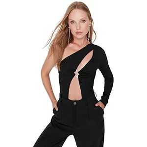 Trendyol Dames vrouw slanke bodycon-asymmetrische kraag gebreide bodysuit shirt, zwart, 38, Zwart, 64