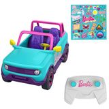 Hot Wheels Barbie SUV, met afstandsbediening en stickers, biedt plaats aan 2 Barbie poppen en accessoires, kids kunnen stickers plakken waar ze willen, HTP53