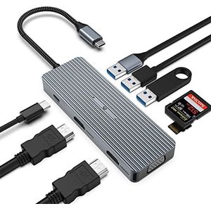 9-in-1 USB C hub-adapter, drievoudig display, 2 x HDMI/VGA, dockingstation compatibel met Mac Pro/Air, Dell, Surface, HP, Lenovo, Type-C-apparaten (SD/TF+USB A 3.0/2.0+PD 100 W opladen)