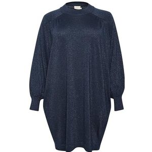 Kaffe Curve Plus-size damesjurk, metallic, gebreid, knielang, lange mouwen, Midnight Marine, XL Grote Maten