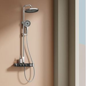 EMKE Douchekolom met thermostaat, verchroomd, innovatieve regeling van de stroom, regendouche, 26 cm, handdouche met 3 straalsoorten, douchestang en slang, douchesysteem