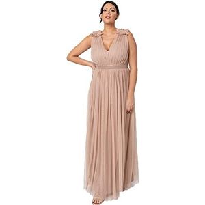 Maya Deluxe Dames Maxi Jurk met Ruche V-hals Mouwloze Hoge Rijk Taille Lang voor Prom Gast Bruiloft Bruidsmeisje, Taupe Blush, 42