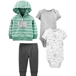 Simple Joys by Carter's Baby Boys 4-Piece Jacket, Pant, and Bodysuit Set, Dark Grey/Grey/Mint Green Elephant/White Forest Animals, Newborn