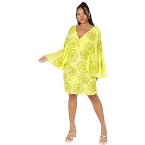 Maya Deluxe Midi-jurk voor dames, cape-mouwen, diepe V-hals, knielang, bloemenversierd, A-lijn voor bruiloftsgasten, gelegenheid, limoengroen, 54