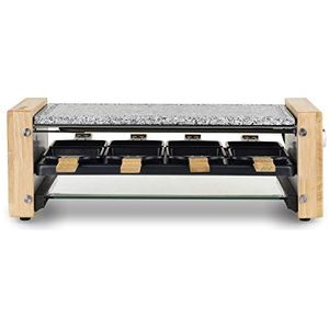 H.Koenig Multifunctioneel Racletteapparaat WOD12, 8 Personen, Professioneel, 1200W, Raclettekaas, Fondue, Granietsteen en Natuurhout, Glazen plaat, Accessoires 8 Pannetjes & 8 Houten Spatels
