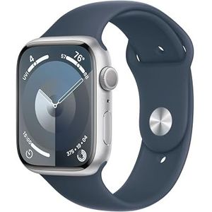 Apple Watch Series 9 (GPS 45 mm) Smartwatch - Kast van zilverkleurig aluminium - Stormblauw sportbandje M/L. Conditie bijhouden, Saturatie-app en Ecg-app, Always-on Retina-display, waterbestendig