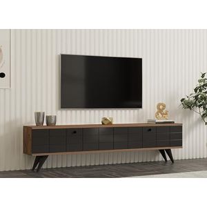 Hanah Home Stijlvolle tv-standaard met massief houten deur, Atlantic Pine & Antraciet, 160 cm, 100% melamine gecoat, 18 mm dik, kunststof poten, meerdere planken, extra opslag