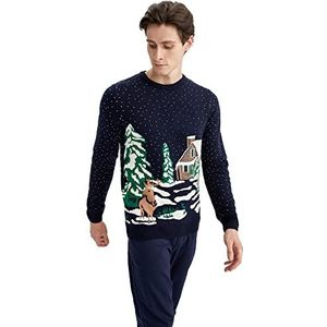 DeFacto Heren gebreide trui met lange mouwen ronde hals sweater - slim fit trui voor heren tops (marineblauw, M), navy, M