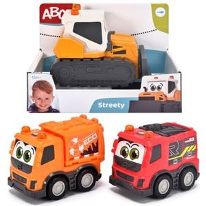 Dickie Toys ABC Streety 204112007 Schuifauto voor baby's en peuters vanaf 1 jaar, bulldozer, brandweer of vuilnisophaling, 15 cm grote speelgoedauto, oranje