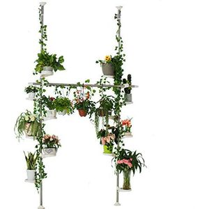 BAOYOUNI Plantenstandaards voor binnen in de lente, dubbele spanningspaal, metalen bloemendisplayrek, ruimtebesparend, hoekplantenrek, bloemenpot, opbergplank met 12 laden, 2 haken en 1 telescopische