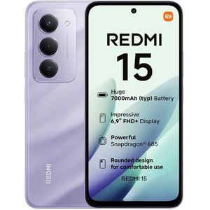 Xiaomi Redmi 15, Smartphone 8+256GB, 6.9"" FHD+ 144Hz DotDisplay, Snapdragon 685, 50MP AI dual camera, 7000mAh Battery, Sandy Purple, Charger Not Included