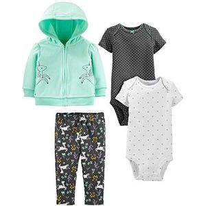 Simple Joys by Carter's baby-meisjes 4-delige jas, broek en bodysuit set, Zwarte Stippen/Mintgroene Eenhoorn/Witte Sneeuwvlok/Bloemen, 12 maanden