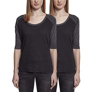 Urban Classics Dames Ladies 3/4 Contrast Raglan Tee T-Shirt, meerkleurig (Black/Charcoal (2-Pack) 01307), (fabrikantmaat: X-Small) (per 2)