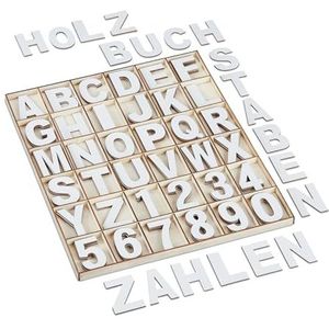 Relaxdays houten letters & cijfers, 144-delig, alfabet, A-Z, getallen 0-9, knutselen, decoreren, kinderkamer, wit