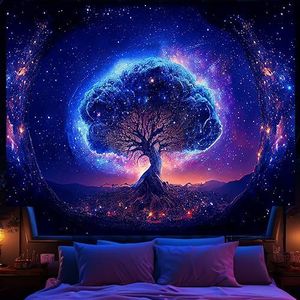 Avinyl Blacklight Boom en Ruimte Tapijt voor Slaapkamer, Esthetisch Cool Zwart Licht Levensboom Wandtapijten voor Meisje, Fantasie Sterren Galaxy Muur Opknoping voor Woonkamer Tiener Dorm Decor (51"" x