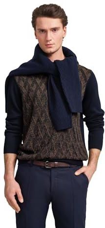 Cognac - Gebreide Trui - 2-Kleurig Ruitpatroon - Lange Mouwen