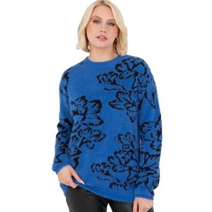 Lovedrobe Damestrui voor dames, sweater, ronde ronde hals, lange mouwen, bloemen, jacquard, elastisch, stretch, casual, gebreide trui, blauw, maat 52-54, blauw, 52/54 NL