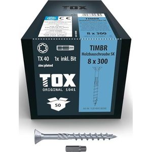 TOX Houtbouwschroeven TIMBR SK 8,0 x 300 mm, blauw verzinkt met verzonken kop, TX40, schroeven voor gemakkelijk indraaien en vlakke montage in houtbouw, 50 stuks in doos, incl. 1x bit, 1120404180300