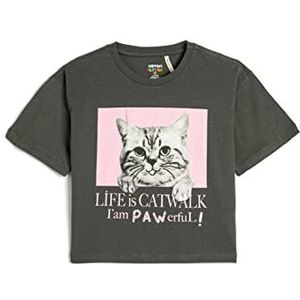 Koton Oversized shorts voor meisjes met kattenprint, katoenen T-shirt, antraciet (047), 6-7 Jaar