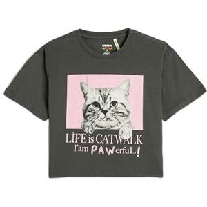 Koton Girls's Oversized T-shirt met korte mouwen en kattenprint, antraciet (047), 11-12 Jaar