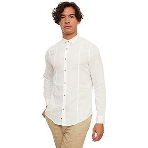 Trendyol Heren White Slim Fit Linnen Bllended Button Collar Shirt, XL