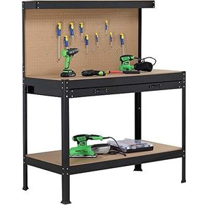 Bakaji Werkbank voor werkplaats, gereedschapshouder, metalen frame, werkbladen van MDF-hout, met wandhaken, gereedschapslade en planken, kleur zwart, afmetingen tafel 120 x 60 cm