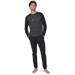 Trendyol Mannelijke effen dunne geweven T-shirt-broek pyjama set, Antraciet/Zwart, M