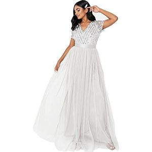 Maya Deluxe RL004-MM Maxi bruidsmeisjesjurk met V-hals, korte mouwen, elegant, empire-taille, 44/Meer, 50, lichtgrijs