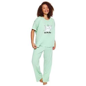 Trendyol Dames grafische gebreide plus grootte pyjama set, mint, 4XL, Munt, 4XL