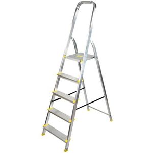 Bayersystem BS-DA5 120 Trapladder met 5 treden, aluminium ladder, belastbaar tot 120 kg, max. werkhoogte 2,99 m, vouwladder met leuning, anti-slip voeten, vouwladder voor huishouden, zilver/geel
