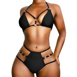 EJsoyo Sexy string bikini badpakken string push up gewatteerd badpak 2-delige brutale badmode met metalen ring, Zwart, M