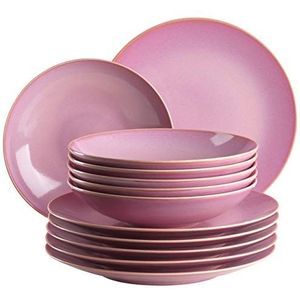 MÄSER 931732 Ossia, bordenset voor 6 personen in mediterrane vintage look, 12-delig modern tafelservies met soepborden en platte borden in roze, keramiek