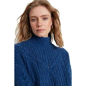 Trendyol Vrouwen staande kraag kabel gebreide normale trui sweatshirt, marineblauw, S
