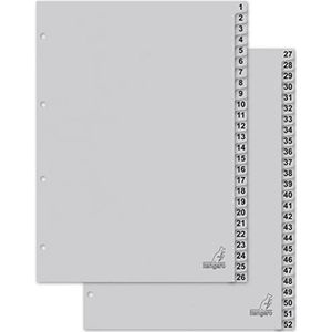 Kangaro Kartonnen tabbladen DIN A4 cijfers 1-52. 180 g/m² gerecycled grijs FSC karton - 52-delig