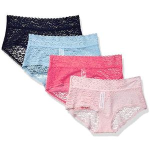 Amazon Essentials 4-Pack Lace Stretch Hipster Panty, Blauw & Roze- L
