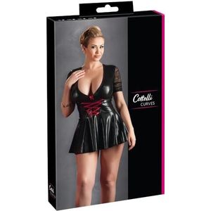 Cottelli Collection Plus - verleidelijke mini-jurk met veters voor haar, korte jurk in wetlook met kanten inzetstuk, eendelig met erotisch, diepe hals, zwart