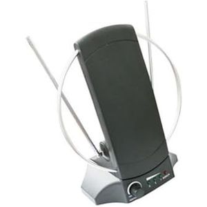 Binnen-tv-antenne met versterker, verbeterde ontvangst, compact design, ideaal voor nauwe ruimtes en verbeterde signaalverbetering binnenshuis.