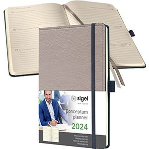 SIGEL C2453 afsprakenplanner weekkalender 2024, lederlook, ca. A5, beige, hardcover, 192 pagina's, elastiek, penlus, archieftas, PEFC-gecertificeerd, Conceptum