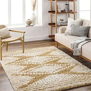 Surya Tuzla Shaggy Berber tapijt, pluizig tapijt voor woonkamer, eetkamer, slaapkamer, abstract, hoogpolig, wit, pluizig en onderhoudsvriendelijk, groot, 160 x 220 cm, grijs