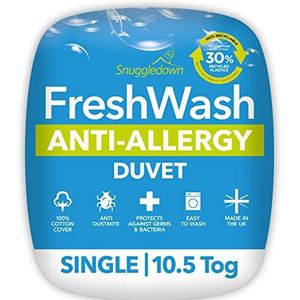 Snuggledown Freshwash Anti Allergie Eenpersoonsdekbed - 10,5 TOG het hele jaar door dekbed voor zomer en winter - Antibacterieel, zachte katoenen hoes, hypoallergeen, machinewasbaar, maat (135 cm x