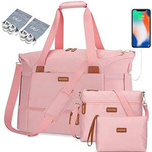Sporttas voor dames, sporttas voor reizen, plunjezak met USB-oplaadpoort, roze, Sporttassen