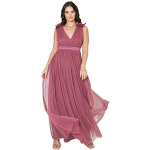 Maya Deluxe Maxi-jurk voor dames, met ruches, V-hals, mouwloos, hoge Empire-taille, lang, voor gala, gast, bruiloft, bruidsmeisje, Woestijnroos, 40