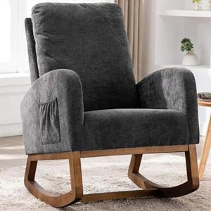 Shally Dogan Schommelstoel van stof met frame van duurzaam hout, ergonomische relax-stoel, Deluxe premium schommelstoel, ideaal voor woonkamer, slaapkamer, kantoor, kinderkamer (grijs)