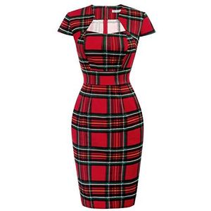 Grace Karin Vintage kokerjurk voor dames, jaren 50, 60, bodycon jurk met kapmouwen, Rode geruite, S
